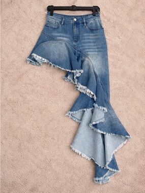 Blue Denim Asymmetric Ruffle Skirt